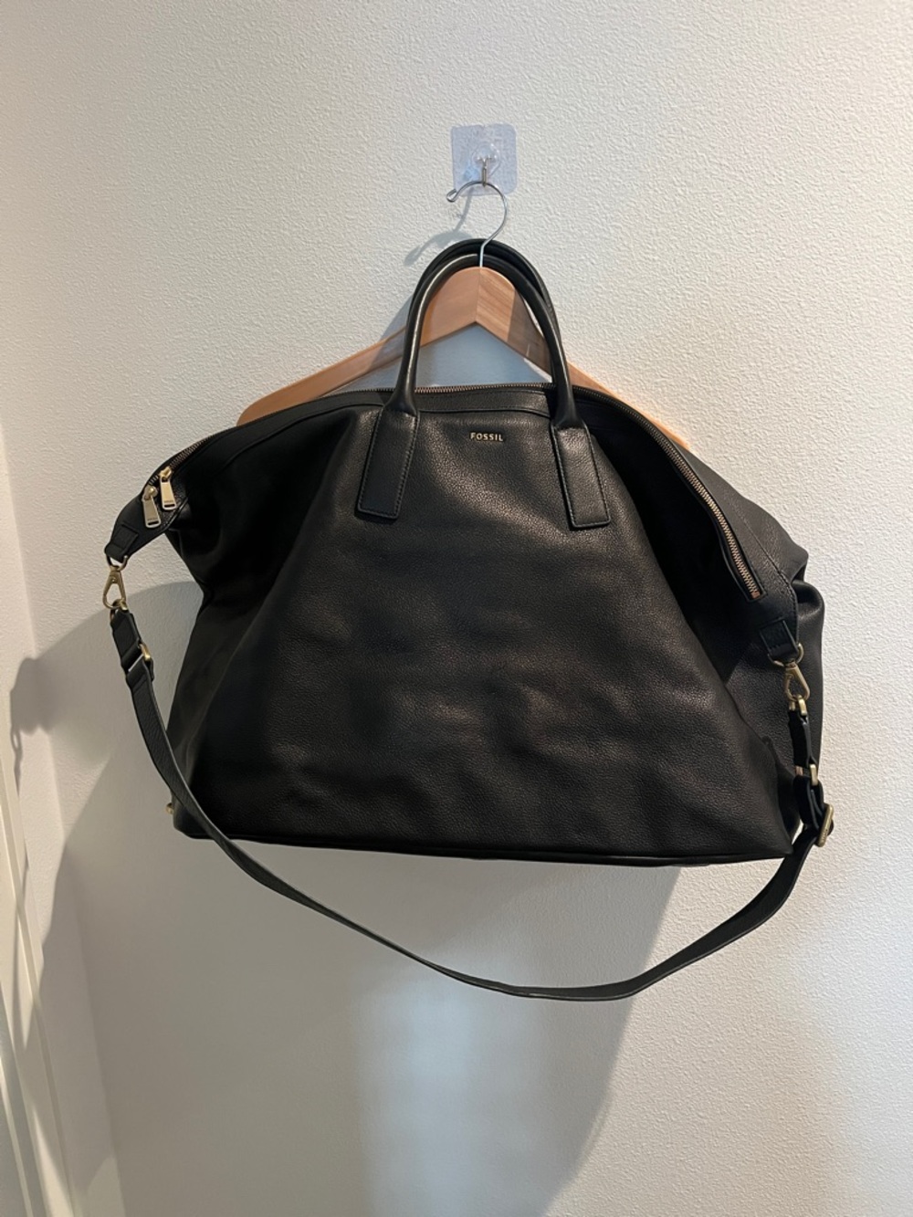 Fossil Black Leather Overnight Duffle with Removable Shoulder Strap
